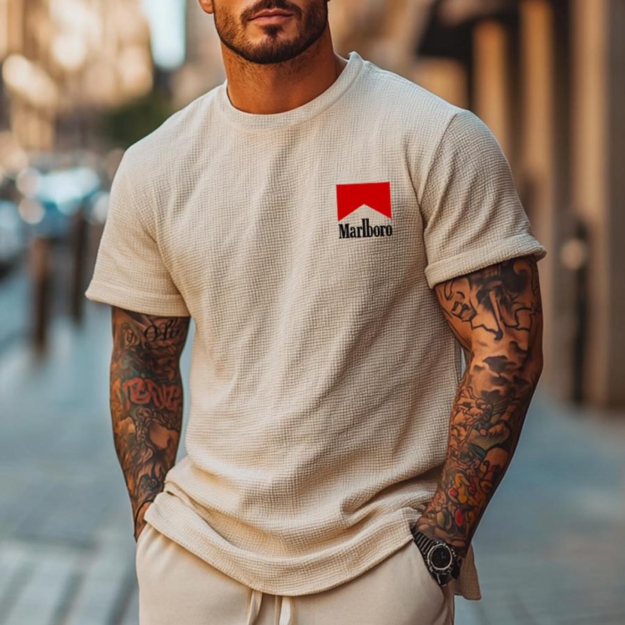 

Men's Vintage Beige Waffle Knit Western Cowboy Print Short Sleeve Round Neck T-Shirt