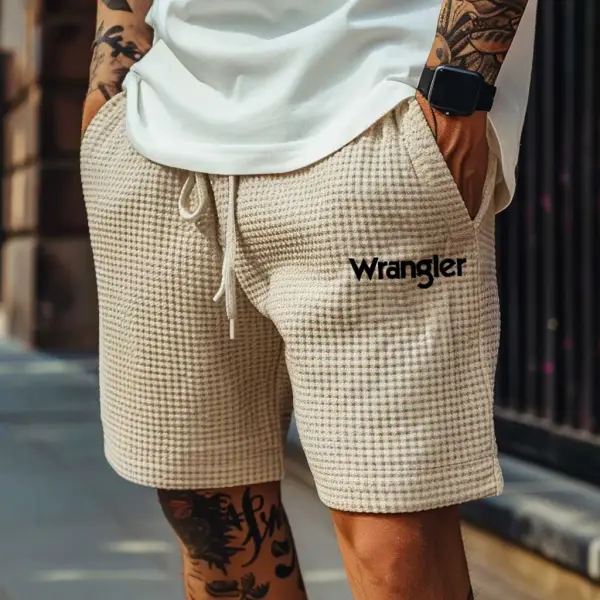 Men's Vintage Waffle Knit Beige Western Cowboy Elastic Drawstring Shorts - Rabclub.com 