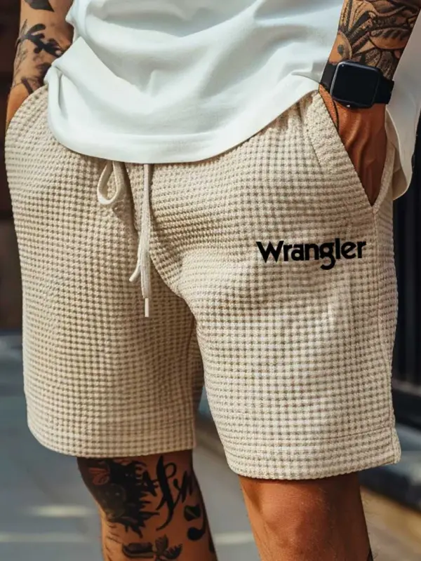 Men's Vintage Waffle Knit Beige Western Cowboy Elastic Drawstring Shorts - Simplyion.com 