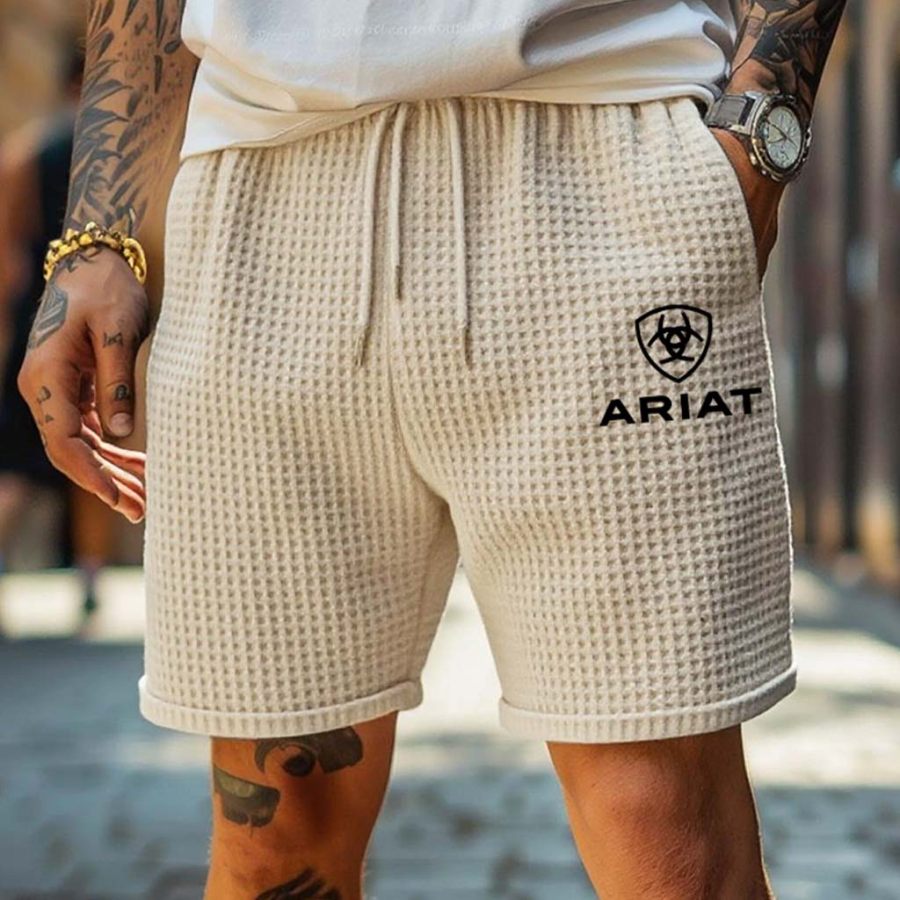 

Men's Vintage Waffle Knit Western Cowboy Elastic Drawstring Shorts