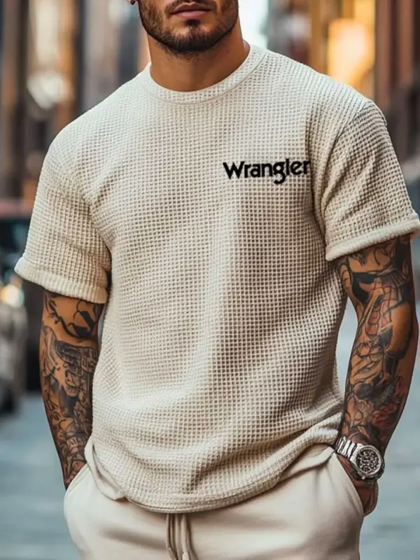 Men's Vintage Beige Waffle Knit Western Cowboy Print Short Sleeve Round Neck T-Shirt - Simplyion.com 