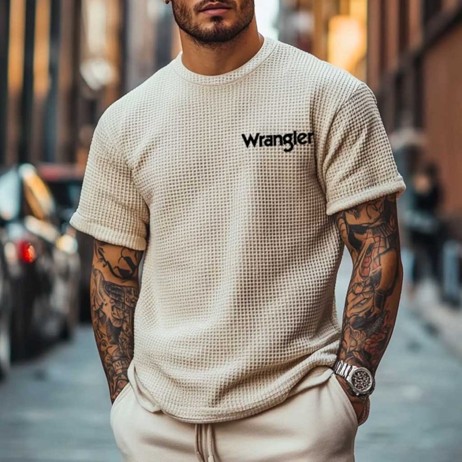 

Men's Vintage Beige Waffle Knit Western Cowboy Print Short Sleeve Round Neck T-Shirt