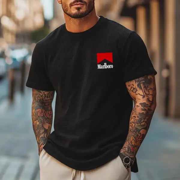 Men's Vintage Beige Waffle Knit Western Cowboy Print Short Sleeve Round Neck T-Shirt - Rabclub.com 
