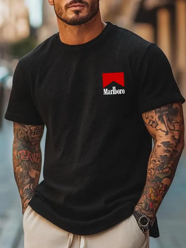 Men's Vintage Beige Waffle Knit Western Cowboy Print Short Sleeve Round Neck T-Shirt - Wantbright.com 