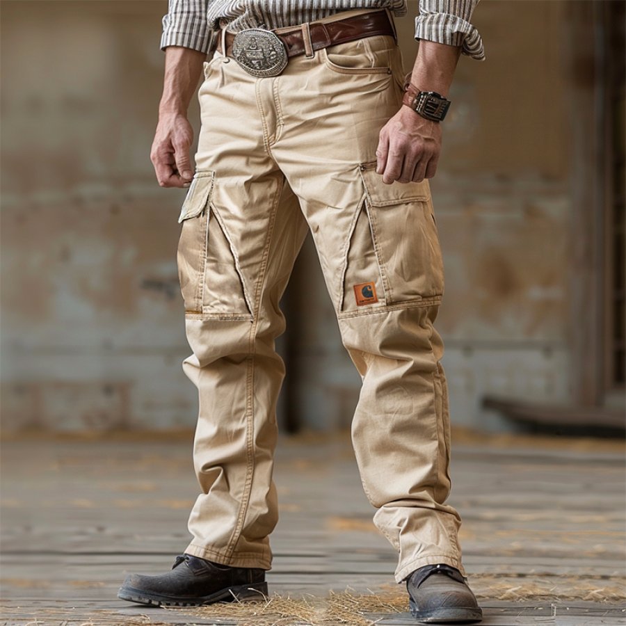 

Men's Vintage Cargo Patchwork Pocket Pants Khaki Workwear