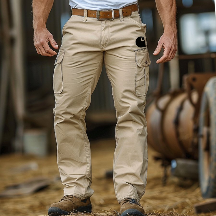 

Men's Vintage Workwear Pocket Graphic Print Cargo Work Pants Khaki