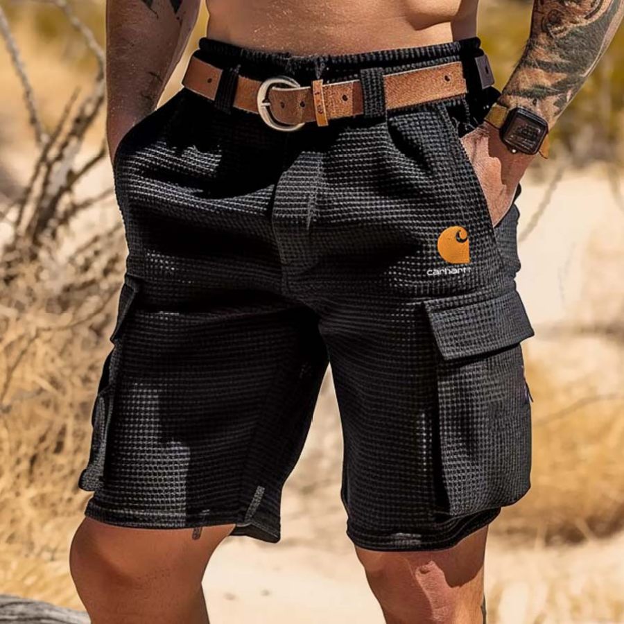 

Men's Vintage Waffle Knit Embroidered Multi-Pocket Cargo Shorts Tactical Outdoor Adventures