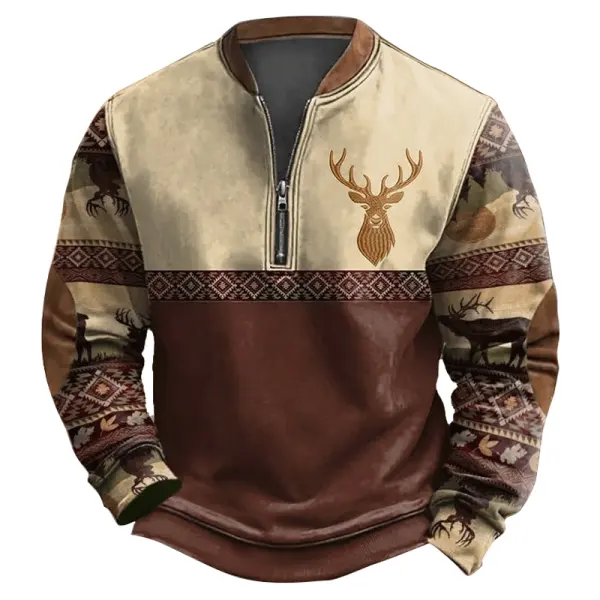 Stylish Deer Motif Quarter-Zip Sweatshirt For Outdoor Enthusiasts - Cotosen.chimpone.com 