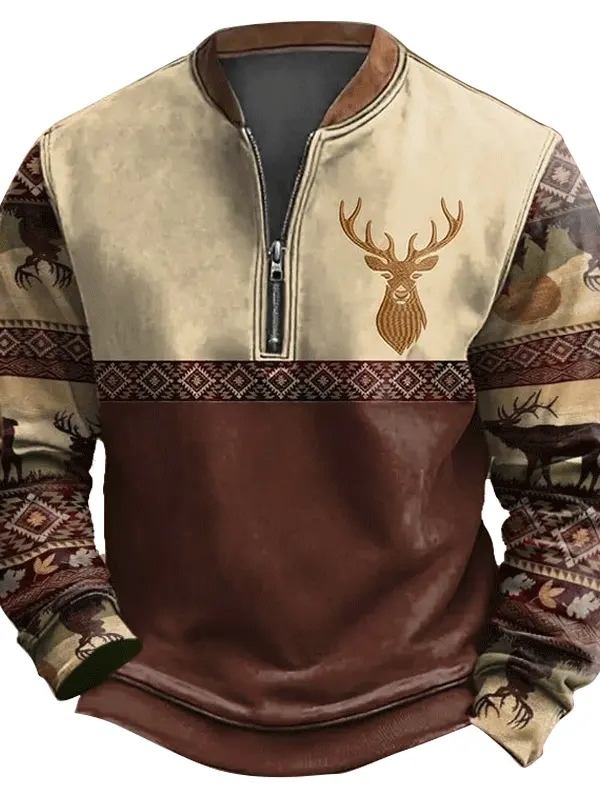 Stylish Deer Motif Quarter-Zip Sweatshirt For Outdoor Enthusiasts - Menwyx.com 