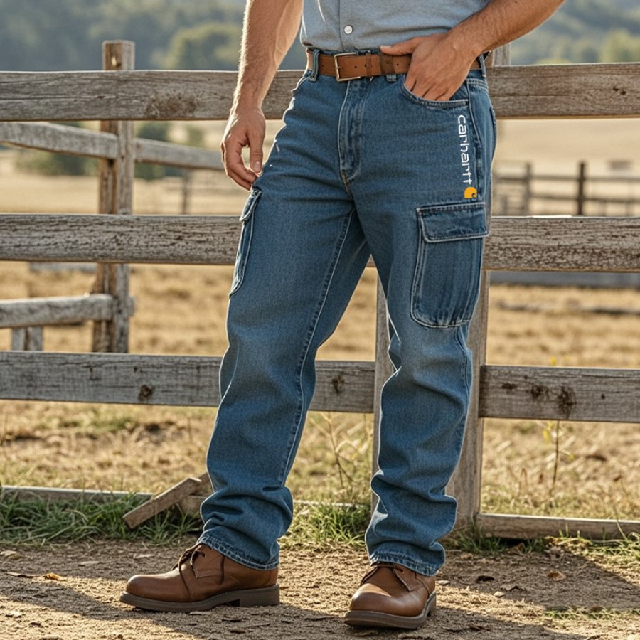 

Men's Vintage Washed Cargo Jeans Durable And Stylish Workwear Denim Pants