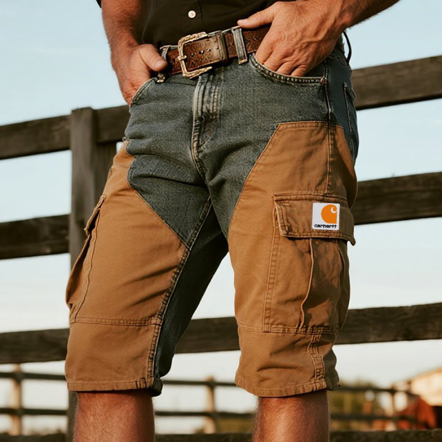 

Carhartt Men's Vintage Cargo Shorts Capri Jeans With Denim And Brown Patches