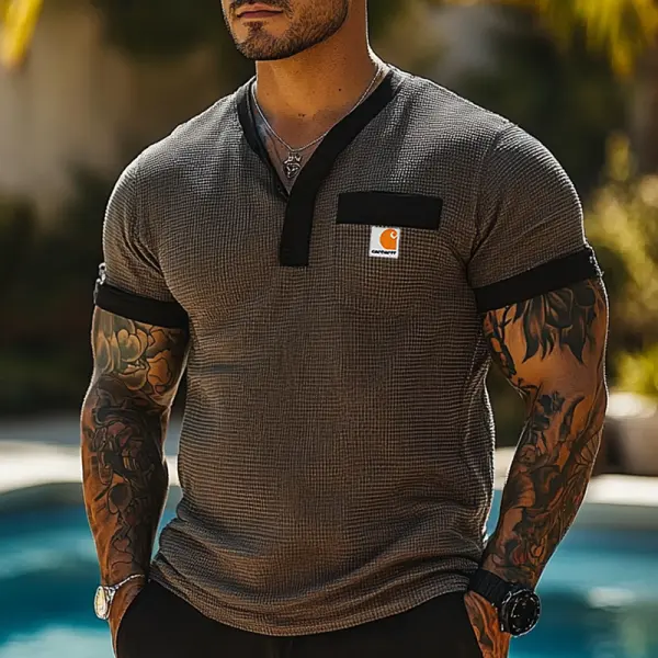 Men's Casual Waffle Henley Color Block T-shirt - Wayrates.com 