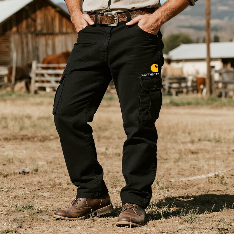 

Men's Vintage Western Graphic Print Cargo Work Pants Black