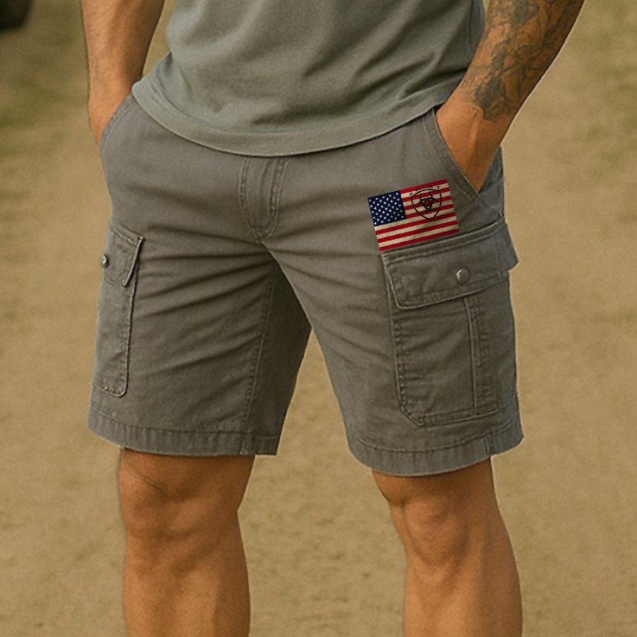 

Men's Casual American Flag Patch Cargo Shorts