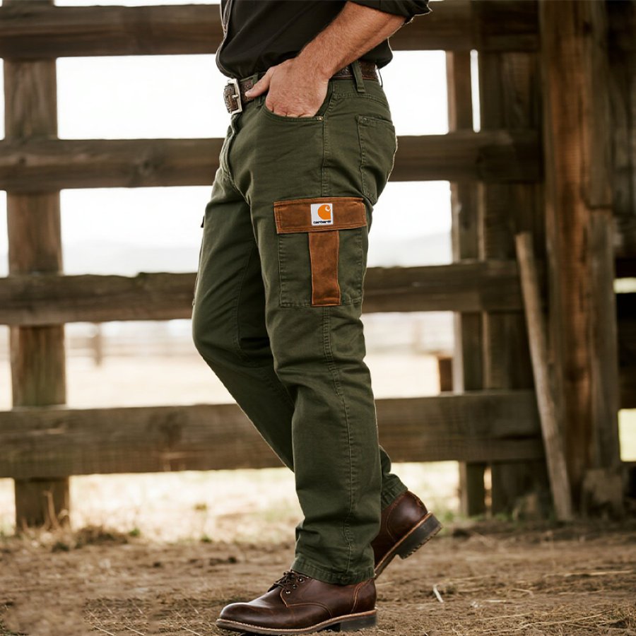 

Men's Vintage Suede Patch Cargo Pants With Brown Patches For Outdoor Activities Green