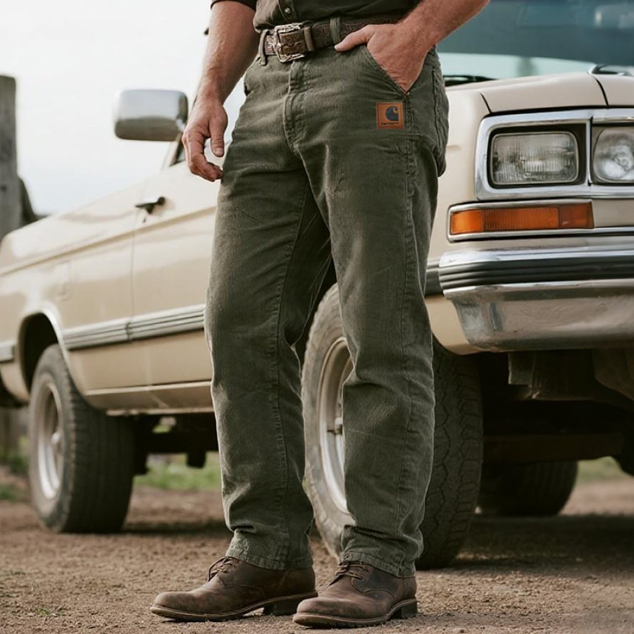 

Men's Vintage Workwear Corduroy Durable Pants With Leather Patch Gray Green