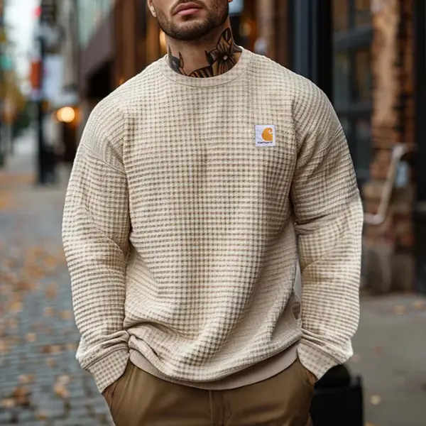 Men's Vintage Waffle Knit Beige Crew Neck Long Sleeve Sweatshirt - Wayrates.chimpone.com 