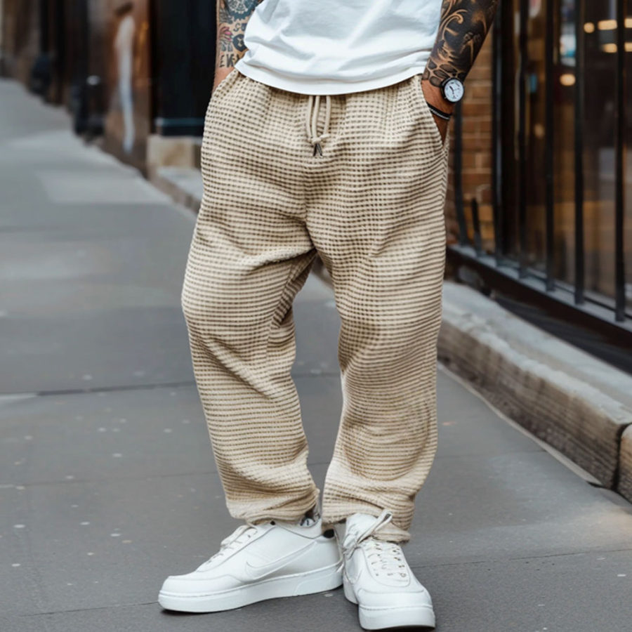 

Men's Vintage Print Beige Waffle Knit Casual Pants