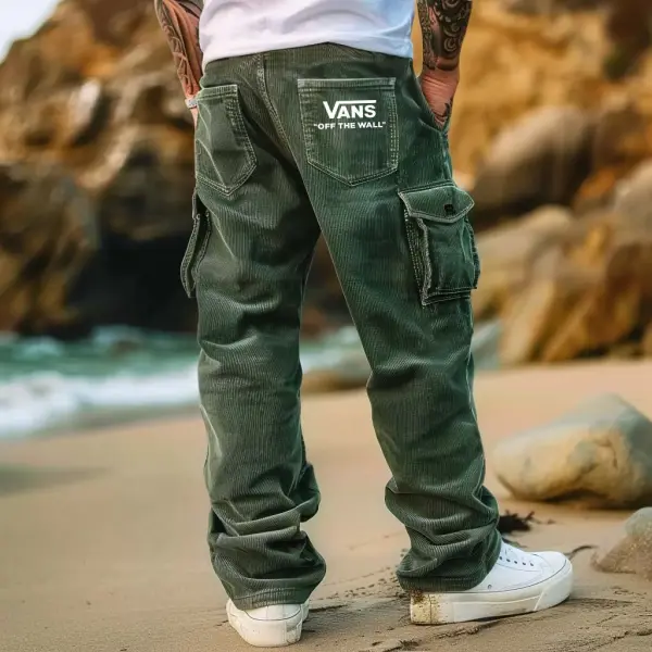 Men's Vintage Outdoor Army Green Corduroy Off The Wall Multi-Pocket Workwear Cargo Pants - Trissla.com 