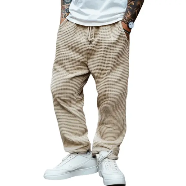 Men's Vintage Print Beige Waffle Knit Casual Pants - Cotosen.chimpone.com 