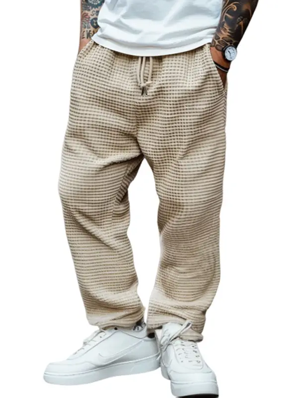 Men's Vintage Print Beige Waffle Knit Casual Pants - Menwyx.com 