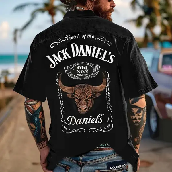 Men's Western Cowboy Cow Head Print Outdoor Short Sleeve Black Rodeo Shirts - Cotosen.chimpone.com 