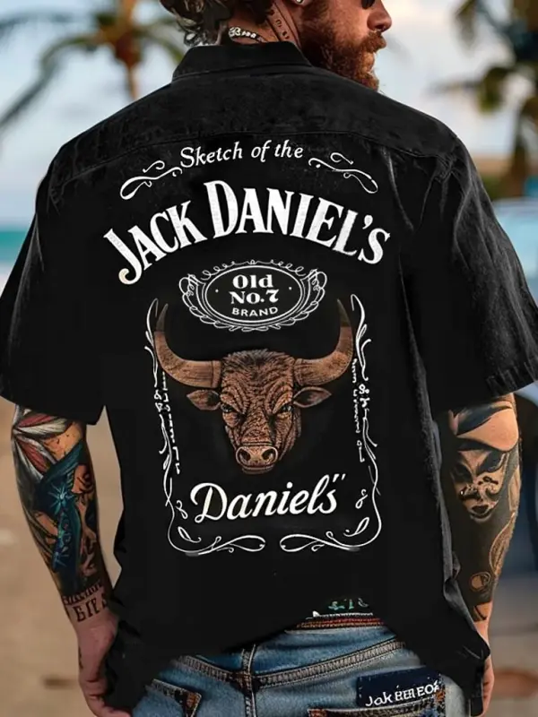 Men's Western Cowboy Cow Head Print Outdoor Short Sleeve Black Rodeo Shirts - Menwyx.com 