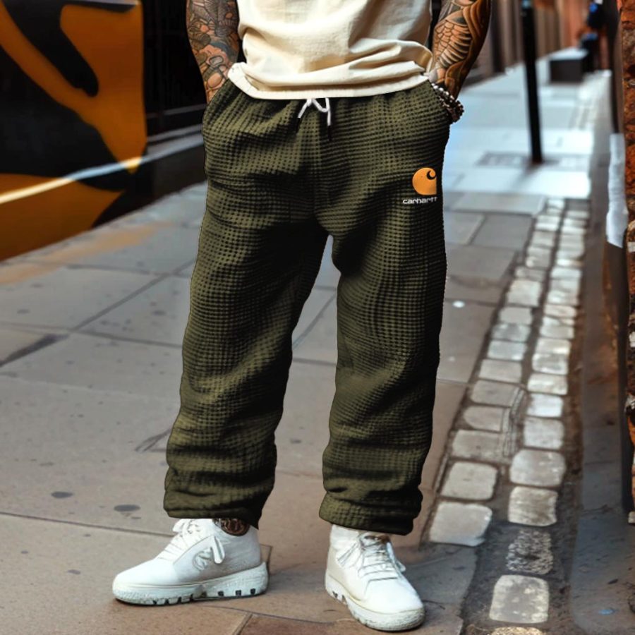 

Men's Vintage Waffle Knit Embroidered Olive Green Casual Pants Sweatpants