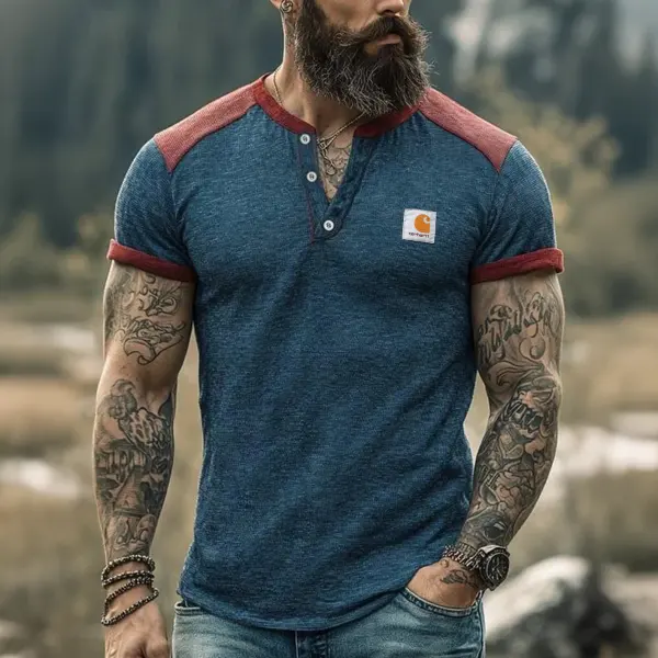 Men's Vintage Blue Henley T-Shirt With Red Contrast Sleeves - Wayrates.com 