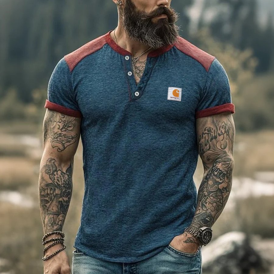 

Men's Vintage Blue Henley T-Shirt With Red Contrast Sleeves