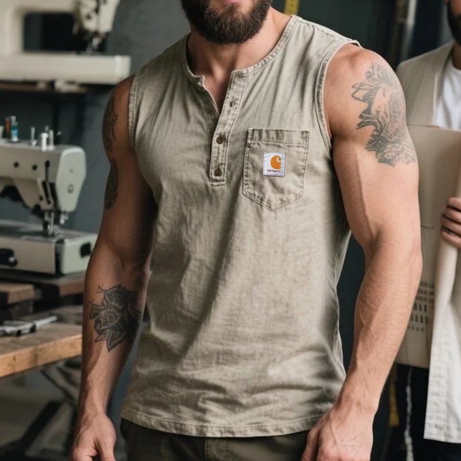 

Men's Vintage Gray Sleeveless Henley Shirt With Chest Pocket