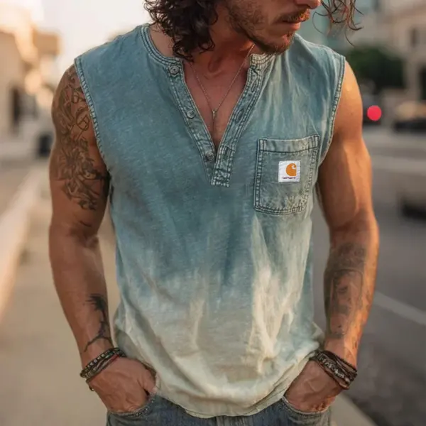 Men's Vintage Casual Denim Vest With Henley Neckline - Wayrates.com 