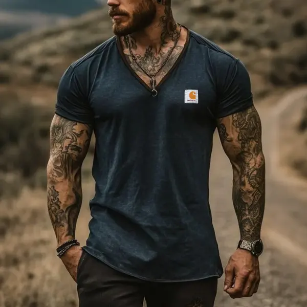 Men's Vintage Rugged Style: Deep Blue V-Neck T-Shirt With Tattooed Charm - Wayrates.com 