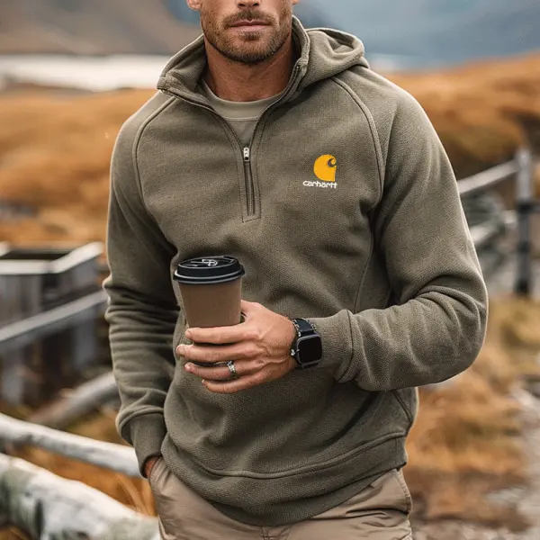Men's Half-Zip Pullover Hoodie With Embroidered Logo - Wayrates.com 
