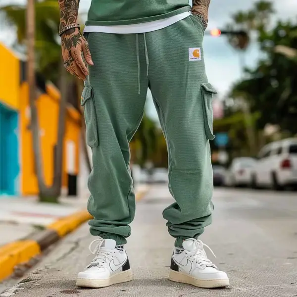 Men's Vintage Green Waffle Knit Drawstring Cargo Pants - Wayrates.com 