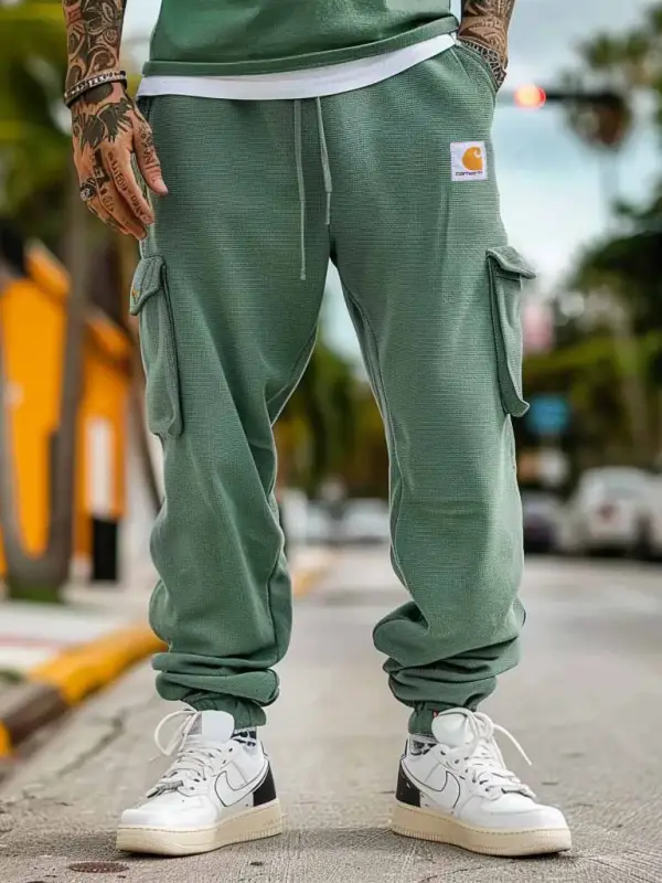 Men's Vintage Green Waffle Knit Drawstring Cargo Pants - Pragmaace.com 