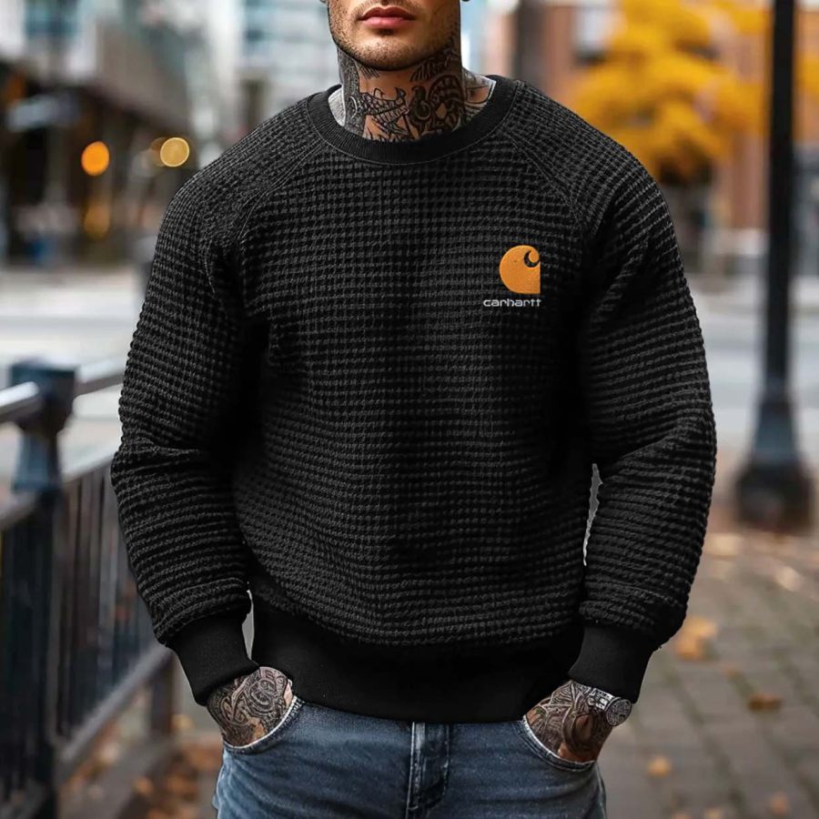 

Men's Vintage Black Waffle Knit Embroidered Crew Neck Long Sleeve Sweatshirt