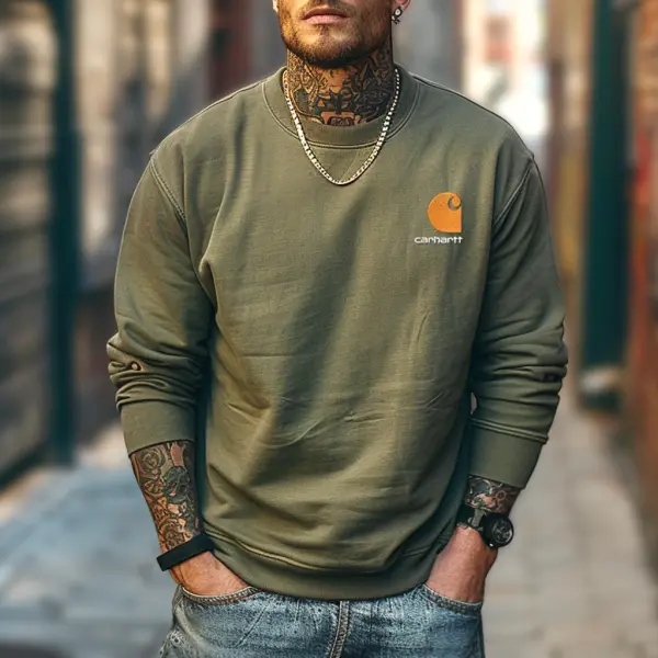 Men's Vintage Embroidered Olive Green Crew Neck Long Sleeve Sweatshirt - Wayrates.com 