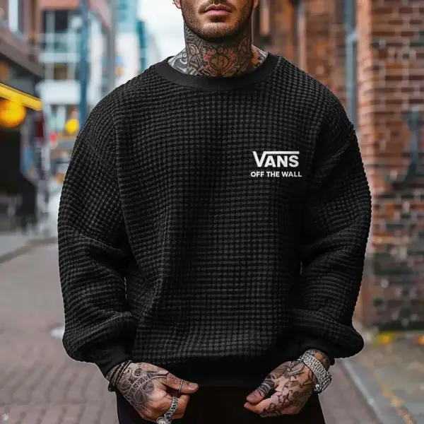 Vans Men's Vintage Waffle Knit Off The Wall Embroidered Crew Neck Long Sleeve Sweatshirt - Wayrates.com 