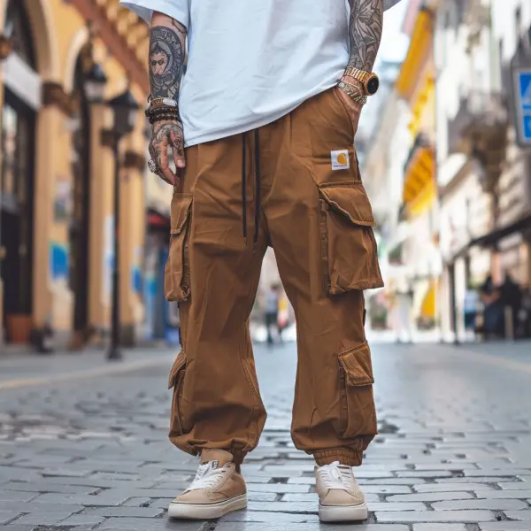 Men's Vintage Brown Multi-Pocket Elastic Drawstring Cargo Pants - Wayrates.com 