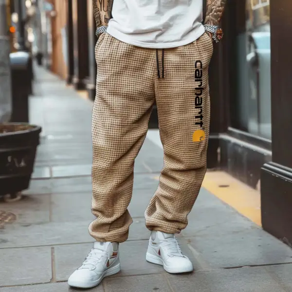 Men's Vintage Khaki Waffle Knit Joggers Casual Pants - Wayrates.com 