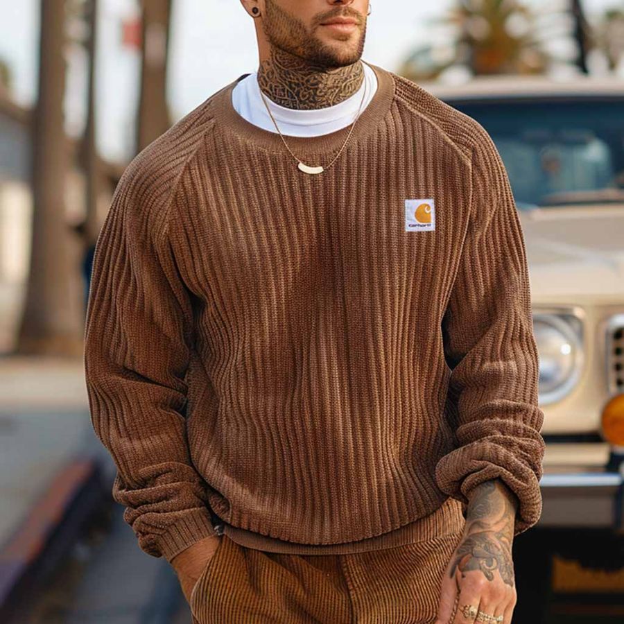 

Men's Vintage Brown Corduroy Crewneck Long Sleeve Sweatshirt