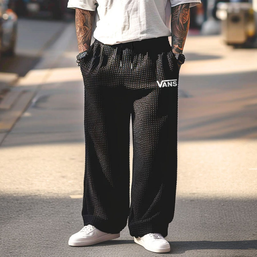 

Men's Vintage Black Waffle Knit Elastic Drawstring Pants