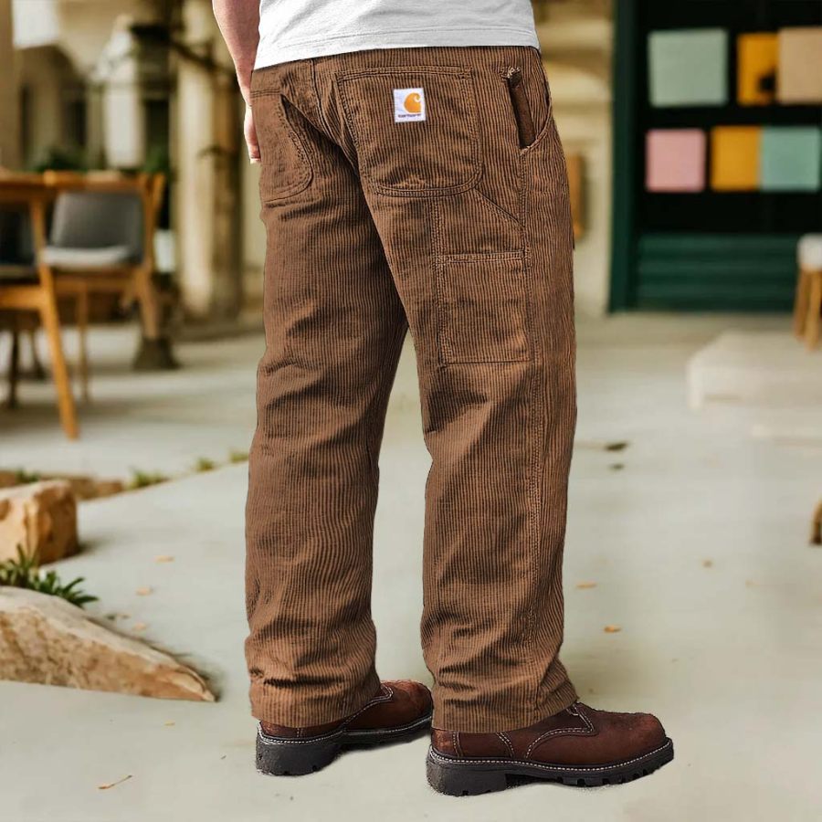 

Men's Vintage Brown Corduroy Work Cargo Pants With Multiple Pockets