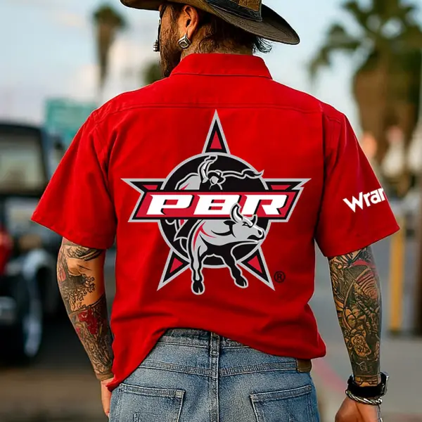 Men's Western Cowboy Print Outdoor Short Sleeve Red Rodeo Shirts - Menzfolk.com 