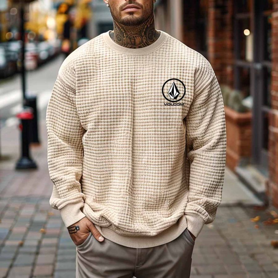 

Men's Vintage Beige Waffle Knit Crewneck Long Sleeve Sweatshirt