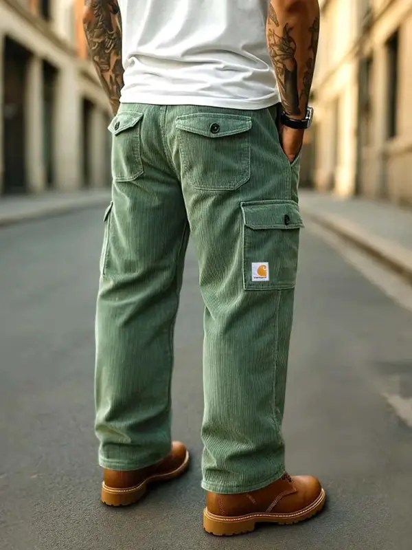 Men's Vintage Corduroy Surf Multi-Pocket Elastic Drawstring Cargo Pants - Pragmaace.com 