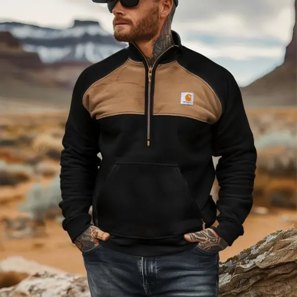 Men's Vintage Half-Zip Sweatshirt With Contrast Panel - Wayrates.com 