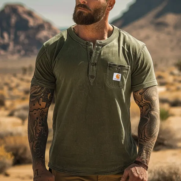 Men's Vintage Olive Green Henley T-Shirt With Chest Pocket - Wayrates.com 