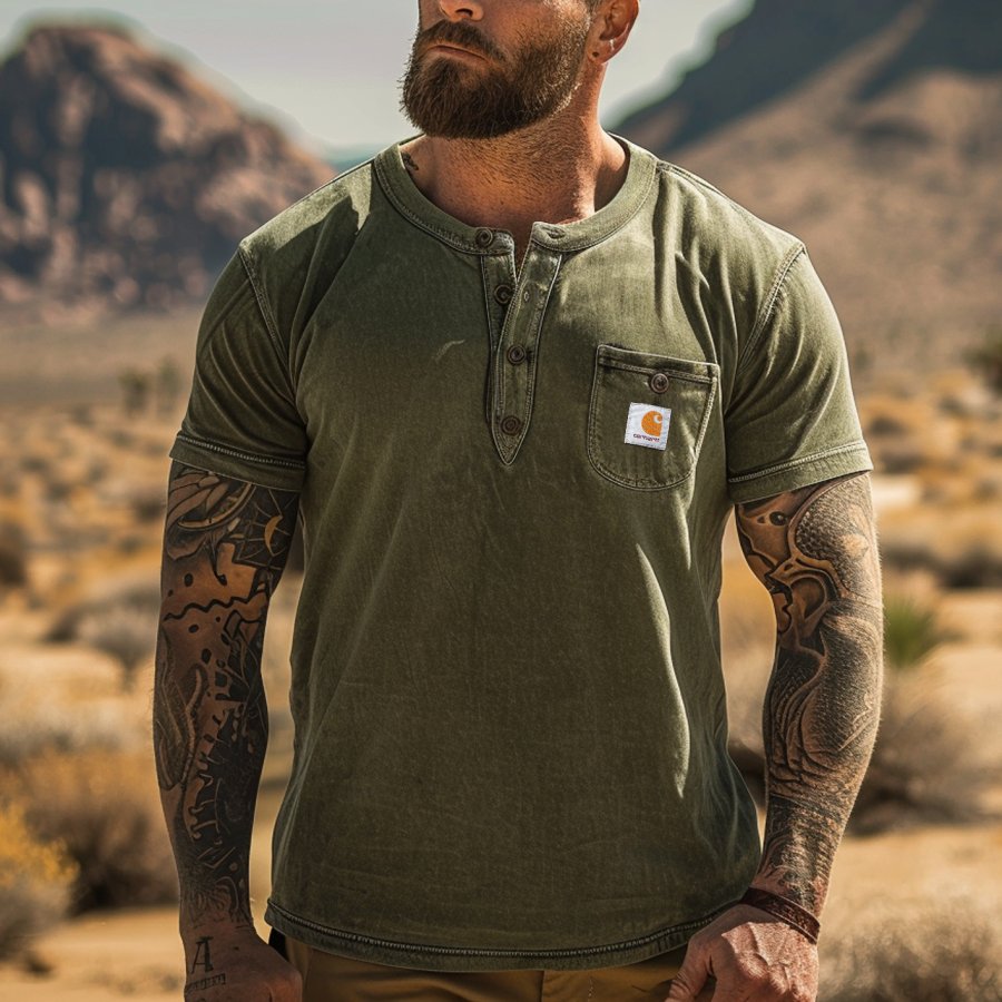 

Men's Vintage Olive Green Henley T-Shirt With Chest Pocket